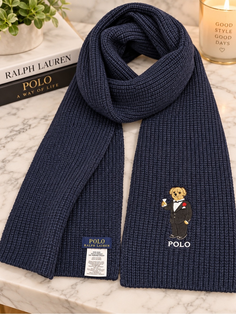 Polo by Ralph Lauren Navy Knit Scarf with Embroidered Polo Bear